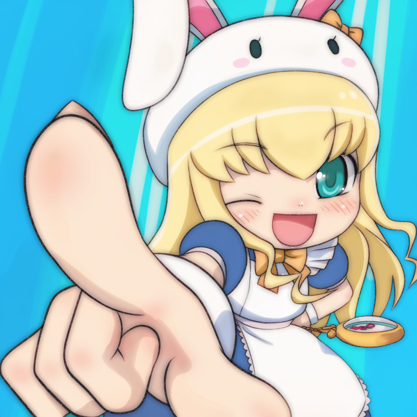 1girl animal_hat apron aqua_eyes blonde_hair blue_background blue_dress blush bow bowtie dress etotama hand_on_own_hip hat hat_bow highres long_hair looking_at_viewer maid_apron one_eye_closed open_mouth orange_bow orange_bowtie pocket_watch pointing pointing_at_viewer puffy_sleeves rabbit_hat short_sleeves smile standing t_jiroo_(ringofriend) usa-tan watch white_apron white_hat wink wrist_cuffs