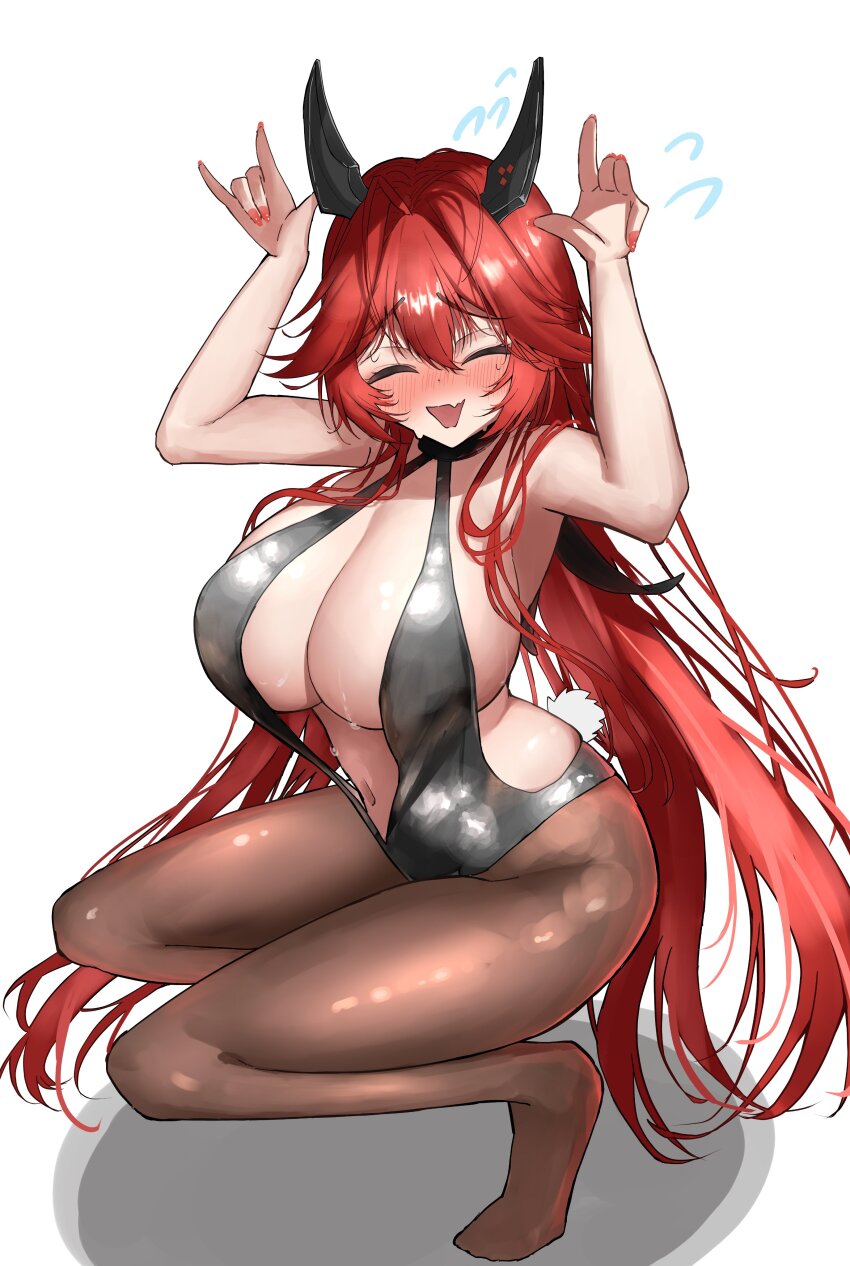 1girl absurdres bare_shoulders black_slingshot_swimsuit breasts brown_pantyhose cleavage double-parted_bangs goddess_of_victory:_nikke hair_between_eyes hands_up highres horns iwazaki large_breasts latex_bikini long_hair looking_at_viewer mechanical_horns navel open_mouth pantyhose red_hair red_hood_(nikke) sidelocks simple_background slingshot_swimsuit smile solo squatting stomach swimsuit thighs very_long_hair white_background