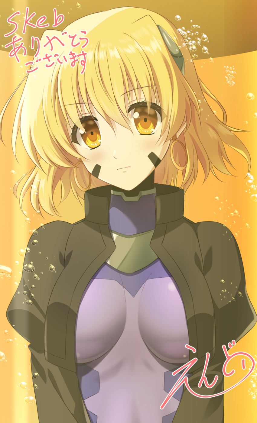 1girl absurdres black_jacket blonde_hair blue_bodysuit blush bodysuit breasts closed_mouth earrings endori headgear highres jacket jewelry large_breasts looking_at_viewer lyrical_nanoha mahou_shoujo_lyrical_nanoha_strikers military_uniform numbers&#039;_uniform shamal short_hair solo stasis_tank upper_body yellow_eyes