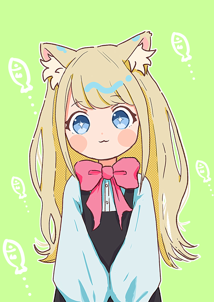 1girl :3 absurdres animal_ear_fluff animal_ears black_dress blonde_hair blue_eyes blush_stickers bow bowtie cat_ears cat_girl cyan_(sasukeone3) dithering dress fish_background green_background highres long_hair original pinafore_dress pink_bow pink_bowtie shirt sleeveless sleeveless_dress solo sparkling_eyes upper_body white_shirt