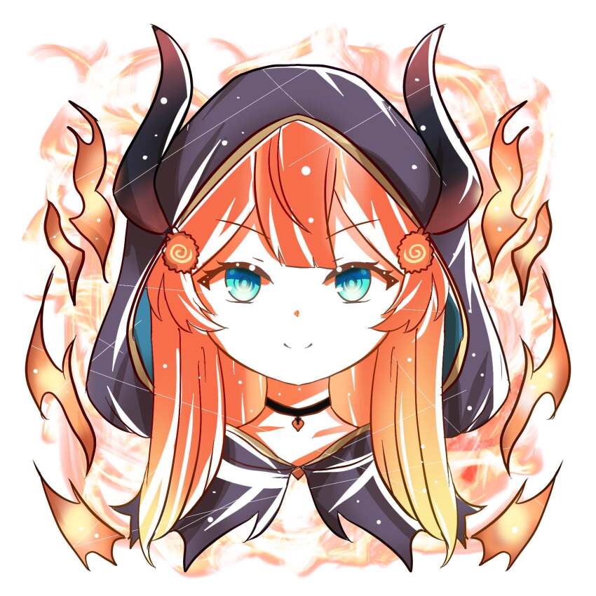1girl blue_eyes commission fire hair_ornament highres hood hoodie jewelry long_hair looking_at_viewer miki_hitsugi multicolored_hair necklace nose nura orange_hair smile solo specialite_en virtual_youtuber