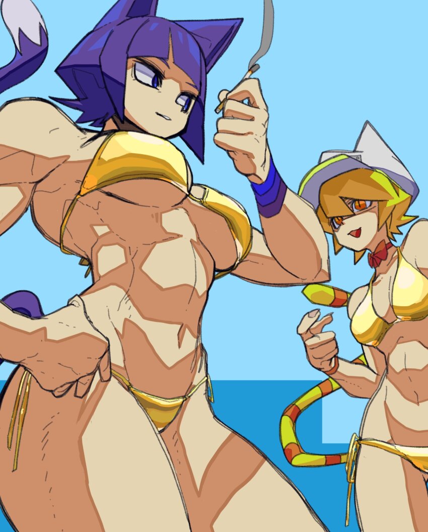 2girls animal_ears bikini blonde_hair blue_background blue_eyes blue_hair blue_tail bone_nigi breasts cat_ears cat_girl cat_tail cattail catty_(bone_nigi) cigarette cowboy_shot gold_bikini golden_week hand_on_own_hip hand_up hat highres holding holding_cigarette kurogai_(bone_nigi) multiple_girls navel open_mouth orange_eyes original plant short_hair slit_pupils striped_tail swimsuit tail toned toned_female