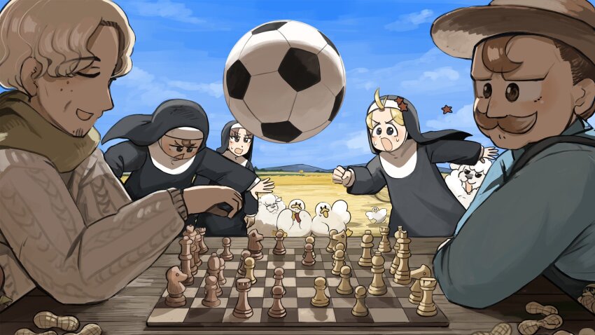 2boys 3girls :o ball bird blonde_hair blue_eyes blue_overalls blue_shirt board_game brown_eyes brown_hair chess chicken clumsy_nun_(diva) commentary diva_(hyxpk) duck english_commentary facial_hair freckles froggy_nun&#039;s_father_(diva) froggy_nun_(diva) grey_hair habit hat highres hungry_nun_(diva) little_nuns_(diva) multiple_boys multiple_girls mustache nun overalls peanut red_card red_star sheep sheep_nun&#039;s_father_(diva) shirt slice_of_life soccer_ball star_(symbol) sweater traditional_nun triangle_mouth yellow_card