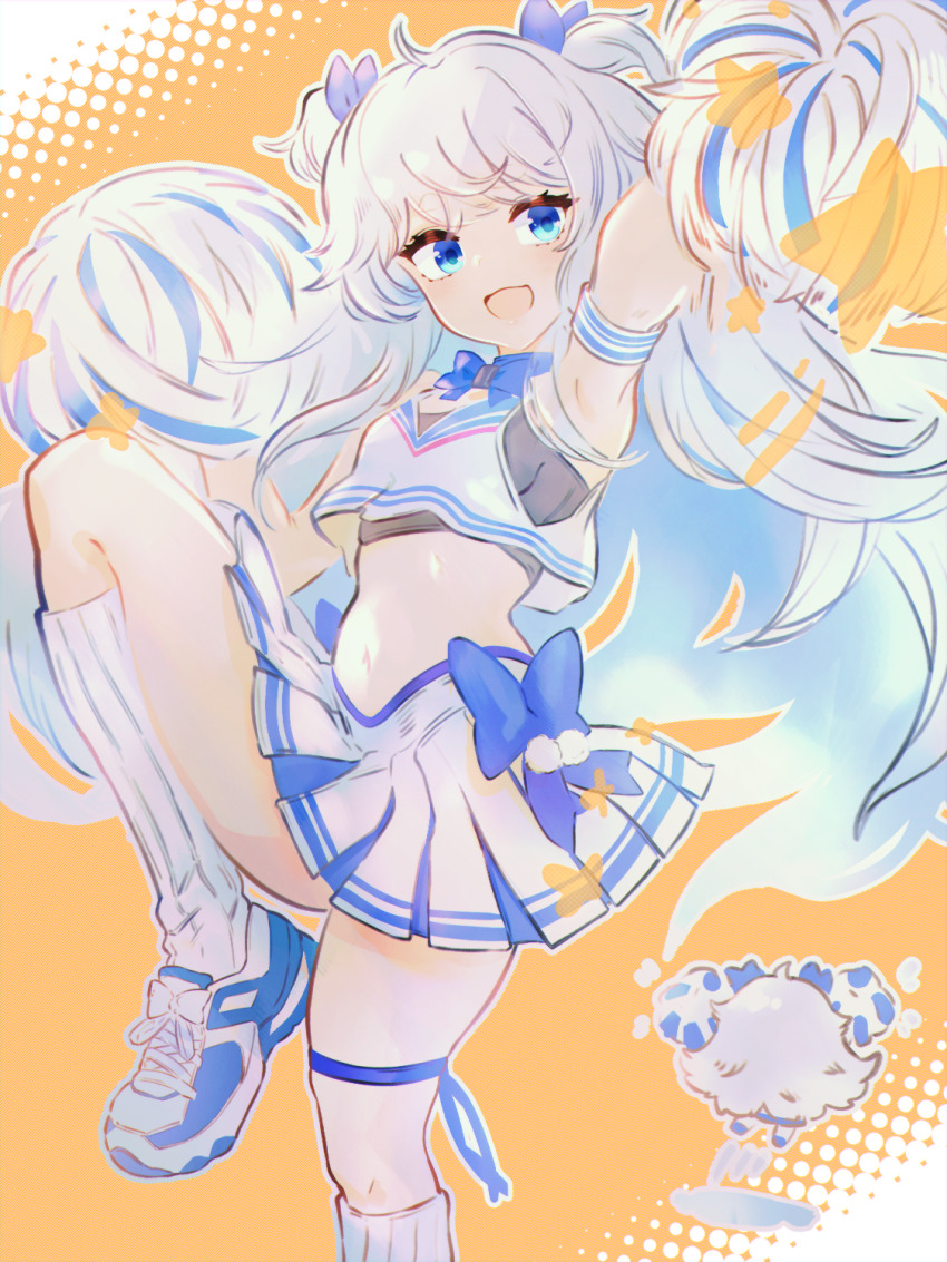 1girl :d black_sports_bra blue_bow blue_bowtie blue_eyes blue_ribbon blue_skirt bow bowtie breasts cheerleader chibi chibi_inset crop_top goddess_of_victory:_nikke hair_ribbon highres long_hair midriff multiple_views navel official_alternate_costume open_mouth poli_(cheer_up_police)_(nikke) poli_(nikke) pom_pom_(cheerleading) ribbon shoes short_twintails sidelocks skirt small_breasts smile sneakers socks sports_bra thighs toutoutoutouto3 twintails two-tone_skirt very_long_hair wavy_hair white_hair white_skirt white_socks