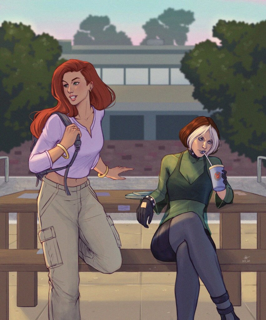 2girls artist_name backpack bag black_gloves bracelet commentary drinking_straw english_commentary gloves highres jean_grey jewelry long_hair marvel multiple_girls pantyhose red_hair ring rogue_(x-men) seye_art short_hair studded_bracelet studded_choker tree x-men x-men_evolution