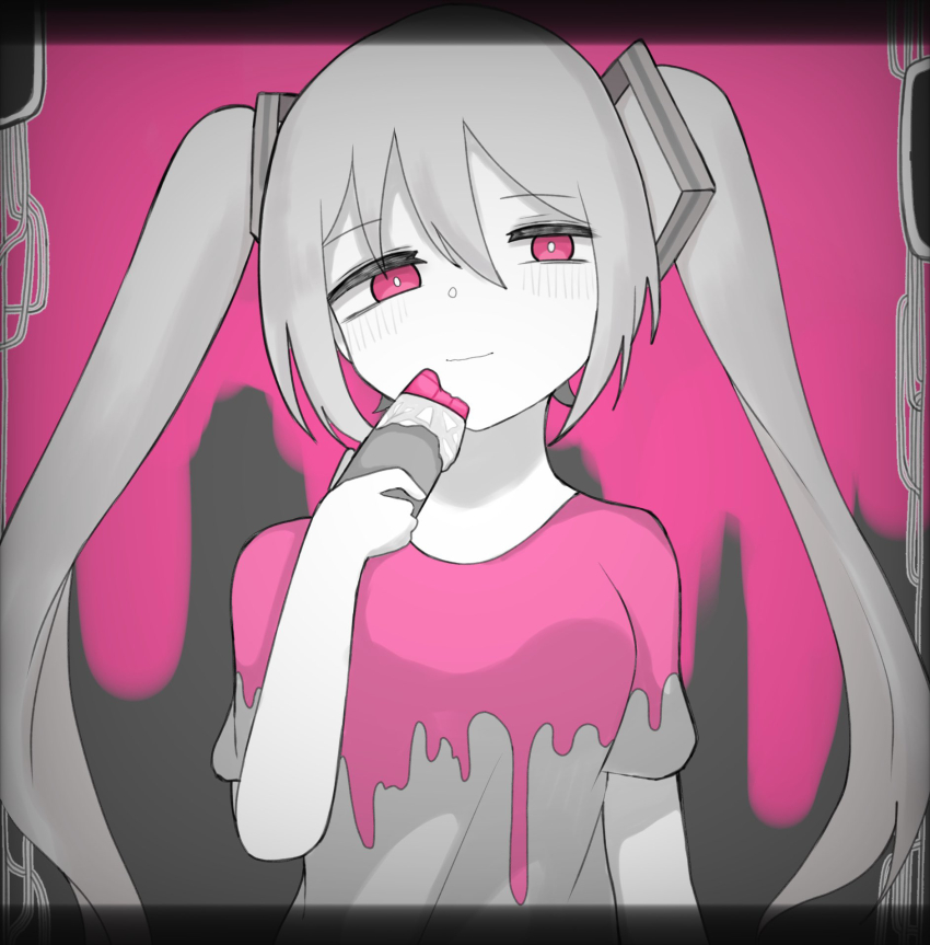 1girl chocolate closed_mouth food hair_between_eyes hatsune_miku highres kusare_gedou_to_chokorewito_(vocaloid) long_hair looking_at_viewer partially_colored pink_eyes pink_liquid r_aruku shirt skirt solo twintails very_long_hair vocaloid white_hair white_shirt
