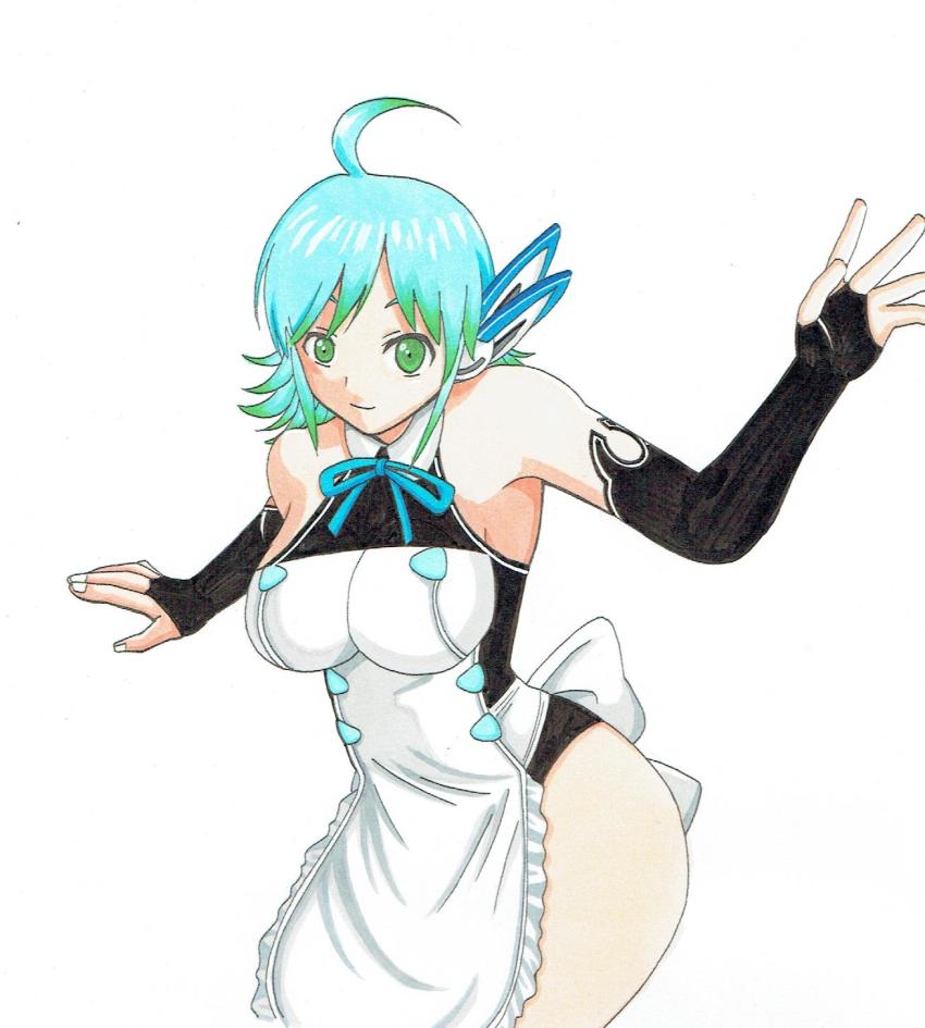 1girl ahoge apron aqua_hair bare_shoulders breasts bridal_gauntlets cowboy_shot dream_c_club dream_c_club_(series) dream_c_club_zero elbow_gloves female_focus for-somebody gloves gradient_hair green_eyes green_hair highleg highleg_leotard highres impossible_clothes large_breasts leotard looking_at_viewer matching_hair/eyes multicolored_hair nonono_(dream_c_club) pale_skin robot_ears short_hair smile solo traditional_media white_background
