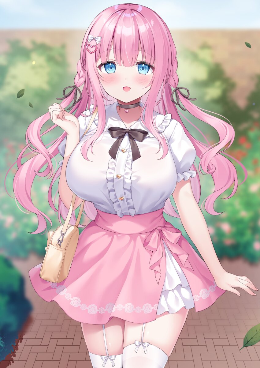 1girl absurdres bag black_bow black_choker blue_eyes blush bow breasts choker frills garter_straps highres large_breasts long_hair looking_at_viewer open_mouth original outdoors pink_hair pink_skirt ribbon shiono_(0303) shirt short_sleeves shoulder_bag skirt smile solo thighhighs white_shirt white_skirt white_thighhighs