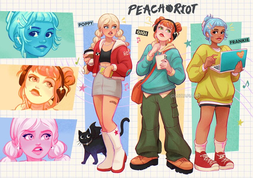3girls aqua_hair artist_name baggy_pants black_cat black_sports_bra blonde_hair blue_eyes blue_hoodie boots brown_boots cat character_name computer dark-skinned_female dark_skin frankie_(peach_riot) gigi_(peach_riot) green_eyes green_pants grey_skirt headphones holding holding_laptop hood hoodie jacket laptop long_hair luztapiaart multiple_girls open_clothes open_jacket orange_hair pants peach_riot_(popmart) poppy_(peach_riot) red_jacket red_shoes shoes skirt socks sports_bra twintails white_boots white_socks yellow_jacket