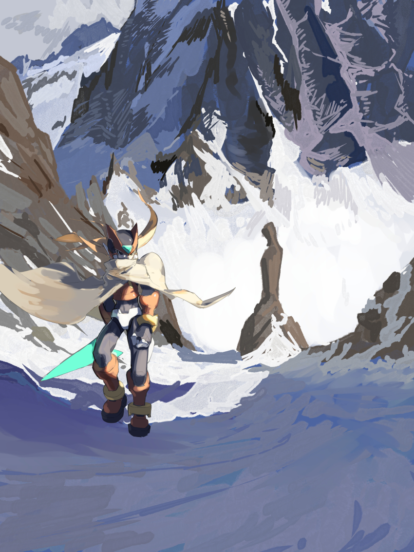 1boy armor energy_sword forehead_jewel helmet highres holding holding_sword holding_weapon male_focus mega_man_(series) mega_man_zero_(series) mountain omochi_(mochi_skymega) outdoors red_armor red_helmet snow solo sword walking weapon wide_shot z_saber zero(z)_(mega_man) zero_(mega_man)