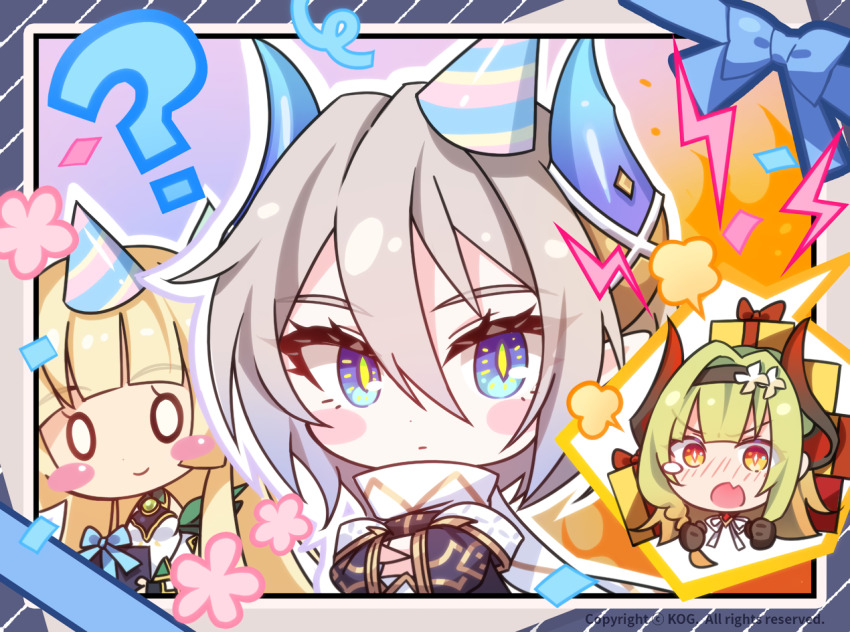 0_0 3girls ? blonde_hair blue_eyes chibi chibi_only confetti dragon_girl dragon_horns flower grand_chase green_hair grey_hair hat horns lire_(grand_chase) multiple_girls official_art orange_eyes party_hat picture_frame pointy_ears ragnar_(grand_chase) scarf speech_bubble tiamat_(grand_chase) white_scarf
