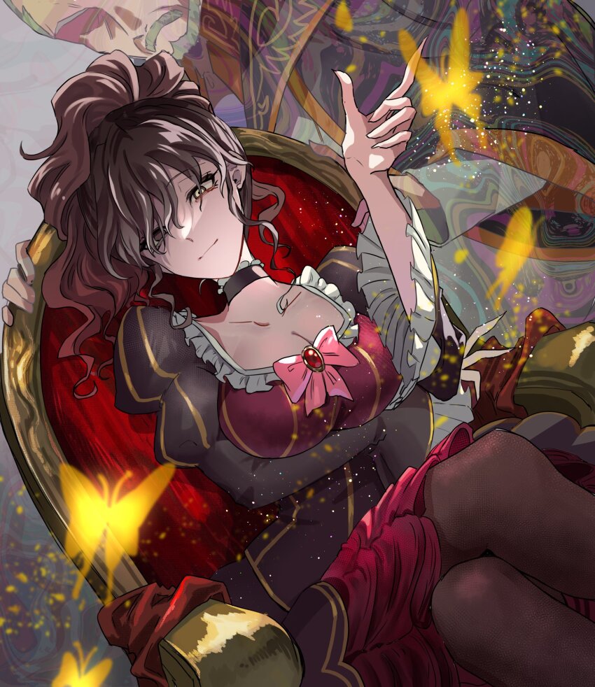 1boy 1girl beard beatrice_(umineko) beatrice_(umineko)_(cosplay) breasts brown_dress brown_hair bug butterfly cape cleavage cosplay crossed_legs dress facial_hair hazel_eyes highres insect large_breasts light_particles mature_female no_eyes old old_man on_chair ponytail purple_cape soresono88 umineko_no_naku_koro_ni ushiromiya_kinzou ushiromiya_natsuhi white_beard white_hair