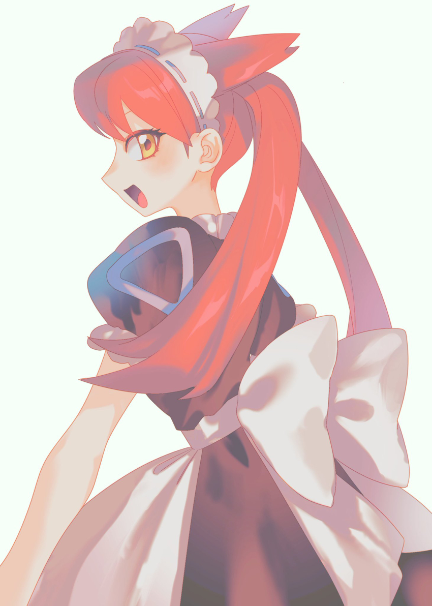 1girl :d apron bow commentary_request dress eyelashes gen_3_pokemon happy highres kado_51 latias latias_(human)_(pokemon_adventures) legendary_pokemon long_hair nintendo open_mouth pokemon pokemon_adventures red_hair short_sleeves simple_background smile solo tongue twintails waist_apron white_background yellow_eyes