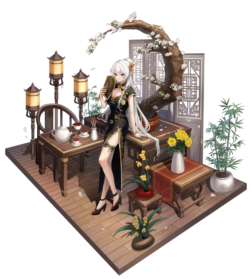 1girl anklet bamboo bangle black_dress black_shoes bracelet breasts chair china_dress chinese_clothes cleavage cleavage_cutout clothing_cutout coffee_table commentary_request cup dress faux_figurine floral_print flower folding_fan grin hair_between_eyes hair_bun hair_flowing_over hair_ornament hand_fan high_heels highres holding holding_fan jewelry lantern long_hair looking_at_viewer medium_breasts original plant plus1024 potted_plant print_dress red_eyes saucer shoes short_sleeves shouji side_slit sliding_doors smile solo table tea teacup teapot thighlet tree twitter_username very_long_hair white_background white_hair wide_shot wooden_chair wooden_floor wooden_table yellow_flower