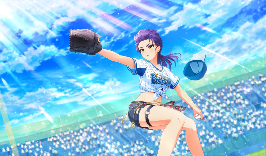 1girl ball baseball_(object) baseball_cap baseball_glove baseball_stadium baseball_uniform belt black_belt black_shorts blue_hat blurry braid cinderella_series cloud crowd depth_of_field dutch_angle ear_piercing feet_out_of_frame film_grain from_below game_cg hachigatsu_no_cinderella_nine hair_pulled_back hat highres holding holding_ball izumida_kyouka lens_flare light_particles light_rays looking_ahead nippon_professional_baseball non-web_source official_alternate_hairstyle official_art orange_eyes outdoors parted_lips piercing pitching playing_sports purple_hair shirt short_sleeves shorts sky sportswear striped_clothes striped_shirt sunbeam sunlight tied_shirt unworn_headwear vertical-striped_clothes vertical-striped_shirt yokohama_dena_baystars
