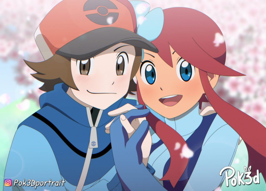 1boy 1girl :d baseball_cap blue_eyes brown_eyes brown_hair dark-skinned_female dark_skin forest gloves hair_ornament hat hetero hilbert_(pokemon) holding_hands image_sample jacket jumpsuit nature nintendo open_mouth pixiv_sample pok3d pokemon pokemon_bw red_hair skyla_(pokemon) smile