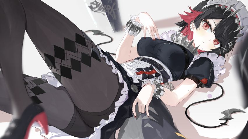 1girl black_hair black_pantyhose breasts closed_mouth colored_inner_hair ellen_joe fingernails fins fish_tail hair_between_eyes hair_ornament hairclip high_heels highres large_breasts looking_at_viewer lying maid maid_headdress mole mole_under_eye multicolored_hair nail_polish on_side pantyhose red_eyes red_hair ryoma_(rym_369) shark_tail short_hair sidelocks solo tail zenless_zone_zero