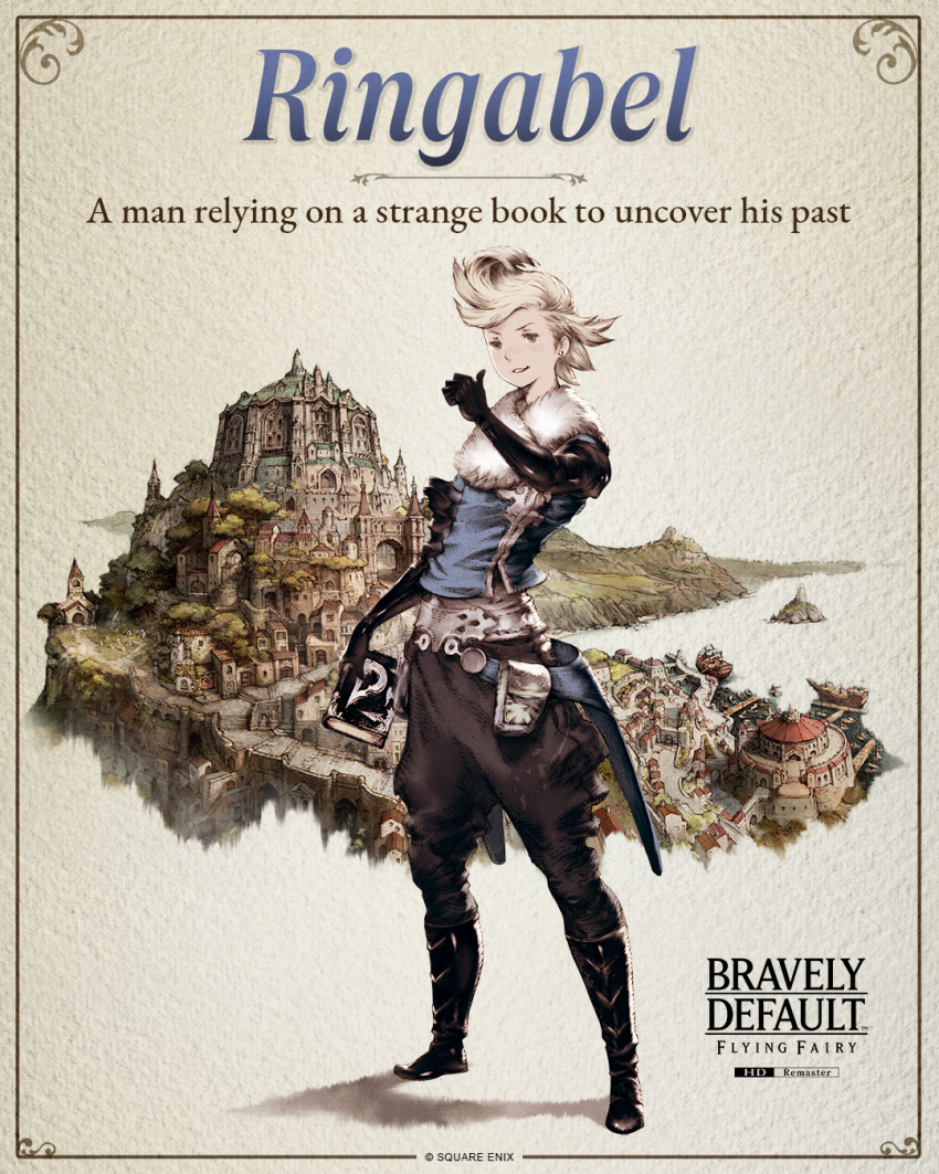 1boy belt black_gloves blonde_hair blue_shirt book boots bravely_default:_flying_fairy bravely_default_(series) city elbow_gloves english_text fur_collar gloves highres holding holding_book knee_boots official_art ringabel shirt short_hair simple_background square_enix thumb_to_chin town tree utility_belt
