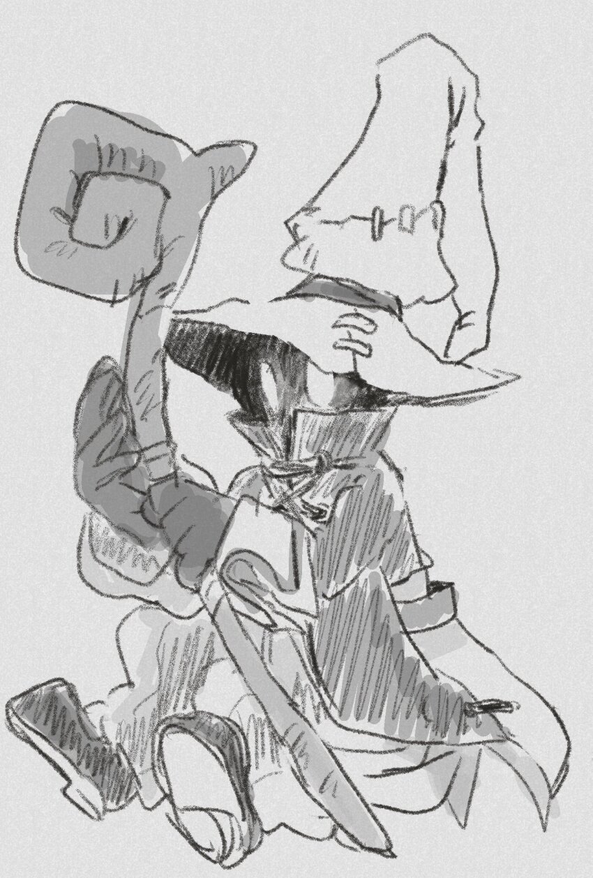1boy baggy_pants black_mage_(final_fantasy) boots coat final_fantasy final_fantasy_ix full_body gloves glowing glowing_eyes greyscale hat highres holding holding_staff male_focus monochrome pants popped_collar sitting sketch solo soraoyogusakana staff striped_clothes striped_pants vivi_ornitier wizard_hat