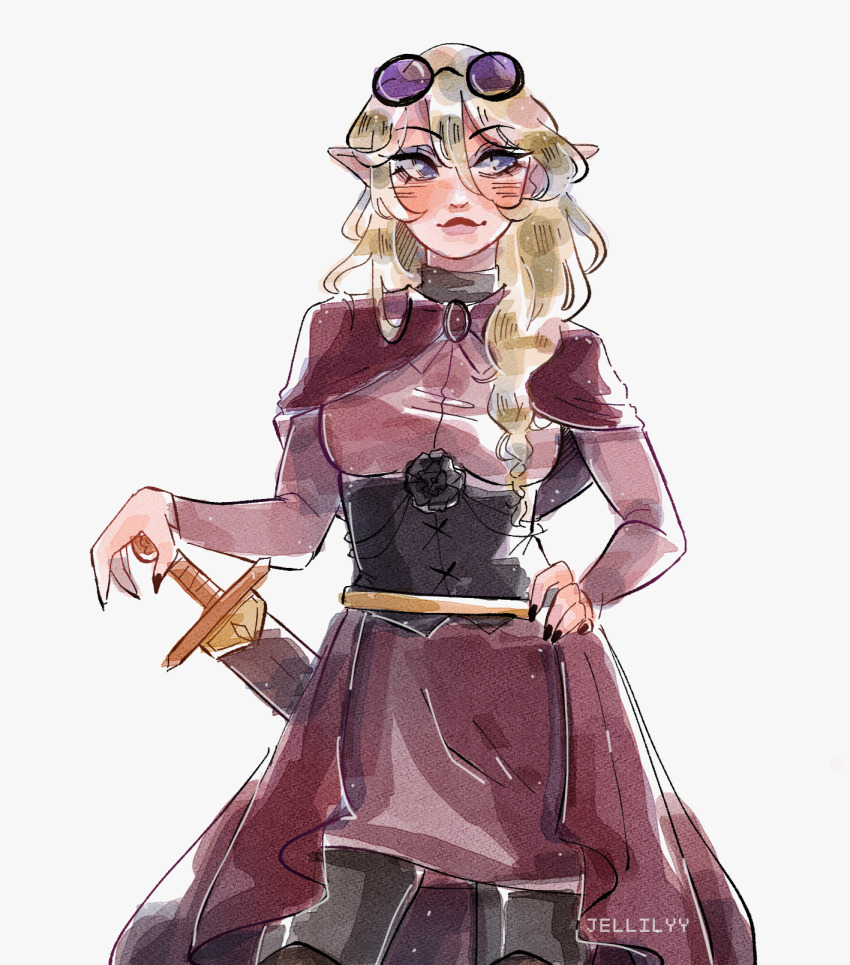 1girl animification belt black_boots black_corset black_leggings black_nails blonde_hair blue_eyes boots breasts capelet commentary corset cowboy_shot dream_smp dress english_commentary eyelashes eyeshadow gem genevieve_(tales_from_the_smp) goggles goggles_on_head hand_on_own_hip highres jellilyy leggings lips long_hair looking_to_the_side makeup minecraft_youtube pointy_ears purple-tinted_eyewear red_capelet red_dress red_gemstone simple_background sketch solo standing sword tales_from_the_smp thigh_boots tinted_eyewear weapon white_background yellow_belt