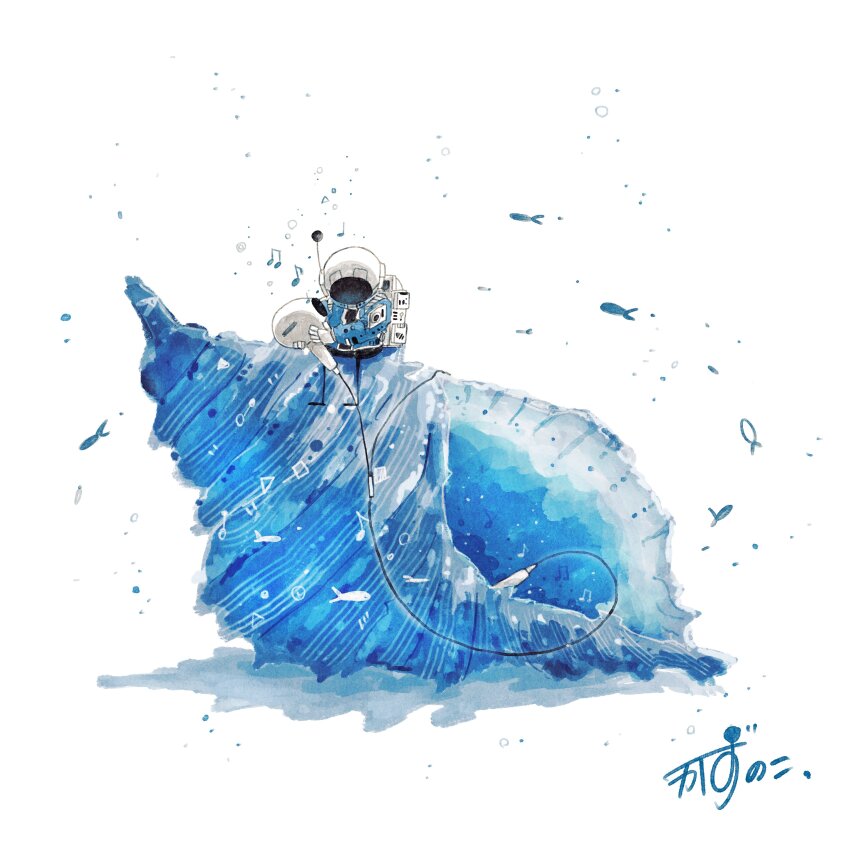 1other absurdres air_bubble artist_name backpack bag beamed_eighth_notes blue_jacket bubble commentary conch earbuds earphones eighth_note fish gloves helmet highres holding holding_earphones jacket kazunoko_(kazunoko_zunoco) listening_to_music mini_person musical_note original radio_antenna seashell shell signature sitting solo space_helmet white_gloves