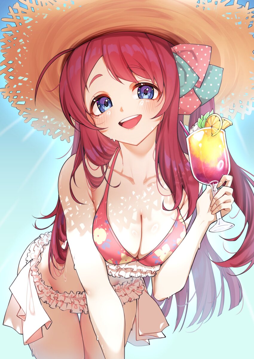 1girl :d absurdres armpit_crease bare_arms bare_shoulders bikini blue_eyes blush bow breasts cleavage cocktail collarbone commentary commission cup dappled_sunlight drinking_glass floral_print_bikini food frilled_bikini frills fruit hair_ornament hanging_breasts hat highres kghazir leaning_forward lemon lemon_slice light_blush long_hair looking_at_viewer medium_breasts minamoto_sakura open_mouth polka_dot polka_dot_bow red_hair side_ponytail smile solo straw_hat sunlight swimsuit teeth thigh_gap upper_teeth_only wet zombie_land_saga