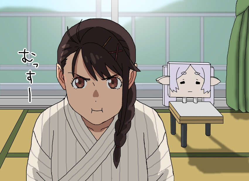 1girl 1other brown_eyes brown_hair cosplay curtains frieren frieren_(cosplay) hair_ornament hairclip highres iwato_suzume munakata_souta_(chair) pout shideboo_(shideboh) shirt sousou_no_frieren suzume&#039;s_chair suzume_no_tojimari swept_bangs tatami white_shirt window