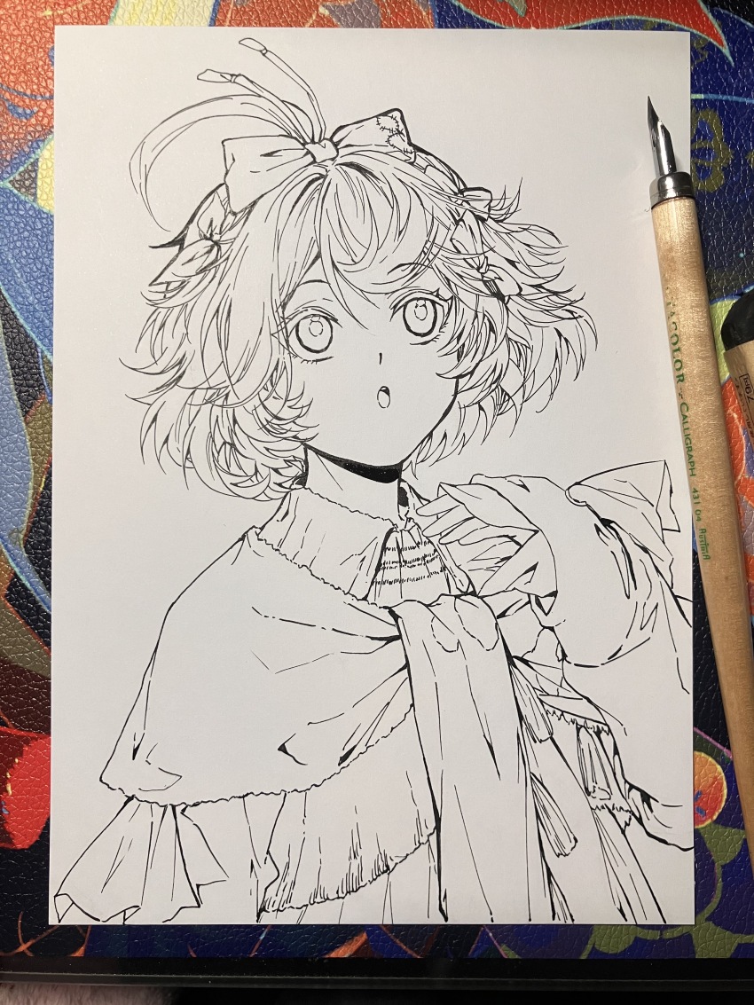 :o absurdres ahoge art_tools_in_frame bai_wuya_bu_he_naicha_yo bow collared_dress dress flutterpage hair_bow hand_up highres lineart long_sleeves looking_up multiple_hair_bows nib_pen_(medium) nib_pen_(object) pen pen_(medium) photoshop_(medium) reverse:1999 scarf short_hair traditional_media