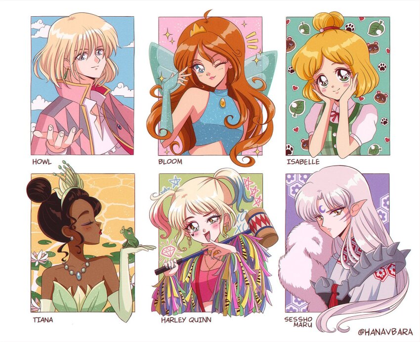 1990s_(style) 4boys 4girls animal_crossing aqua_gloves aqua_shirt aqua_wings argyle_clothes argyle_coat argyle_jacket bare_shoulders blonde_hair bloom_(winx_club) blue_eyes blue_hair bridal_gauntlets brown_hair coat crescent crescent_facial_mark crossover crown crystal_earrings curly_hair dark-skinned_female dark_skin dc_comics demon_boy earrings elbow_gloves facial_mark fairy fairy_wings flower forehead_mark frog fur_shawl gloves gradient_hair green_eyes hanavbara harley_quinn heart hexagon highres howl_pendragon howl_no_ugoku_shiro humanization inuyasha isabelle_(animal_crossing) jacket jacket_on_shoulders jewelry laughing leaf lily_pad long_hair long_sleeves looking_at_viewer lotus lotus_leaf multicolored_hair multiple_boys multiple_crossover multiple_drawing_challenge multiple_girls nintendo one_eye_closed open_mouth orange_hair paw_print pink_hair pointy_ears prince_naveen princess puffy_short_sleeves puffy_sleeves retro_artstyle sesshoumaru shawl shirt short_hair short_sleeves shoulder_spikes six_fanarts_challenge smile sparkle_print spikes suicide_squad the_princess_and_the_frog tiana_(the_princess_and_the_frog) tiara tom_nook_(animal_crossing) topknot upper_body very_long_hair water_lily_flower white_hair white_lotus wings winx_club y2k_fashion yellow_eyes
