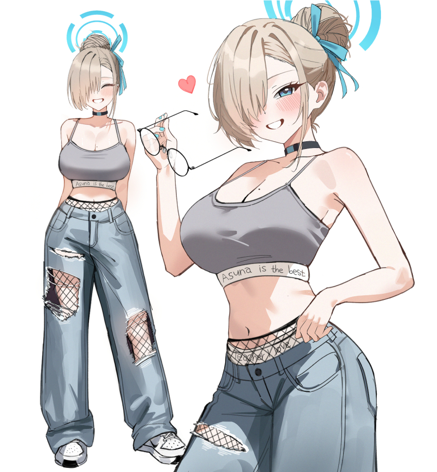1girl alternate_costume asuna_(blue_archive) baggy_pants blonde_hair blue_archive blue_halo breasts denim hair_over_one_eye halo highres jeans large_breasts mango_(mango0208) mole mole_on_breast navel pants simple_background solo white_background