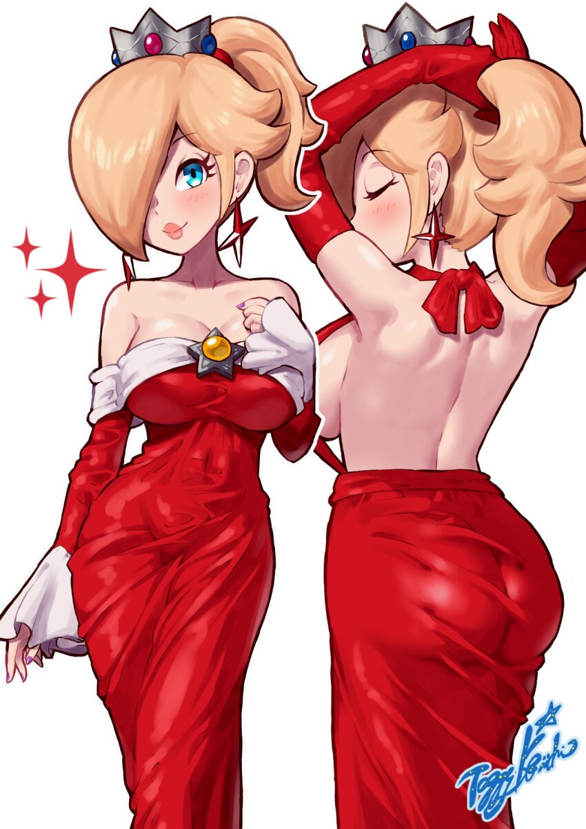 1girl alternate_costume ass blonde_hair blue_eyes blush closed_mouth commentary crown detached_sleeves dress dual_persona earrings elbow_gloves english_commentary fire_rosalina gloves hair_over_one_eye highres jewelry lips long_hair mario_(series) nintendo one_eye_covered pink_lips red_dress red_gloves rosalina signature simple_background smile strapless strapless_dress super_mario_3d_world toggy_keiichi white_background