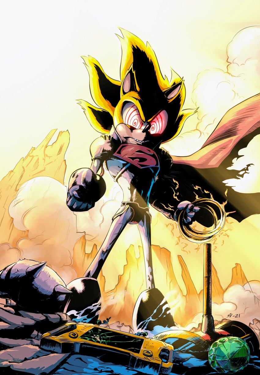 1boy absurdres amy_rose fleetway_super_sonic hammer highres holding holding_jewelry holding_ring jewelry knuckles_the_echidna looking_down ring sharp_teeth sonic_(series) sonic_the_comic sonic_the_hedgehog souleatersaku90 super_sonic superboy_prime superman_logo tails_(sonic) teeth