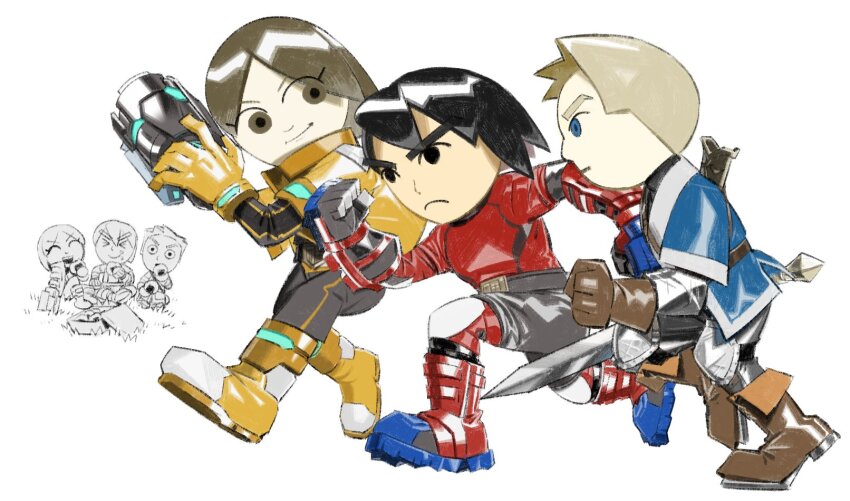 1girl 2boys animification arm_cannon armor belt black_eyes black_hair blonde_hair blue_eyes boots brown_eyes brown_gloves brown_hair chibi closed_mouth determined eating fighting food gloves highres holding holding_weapon jacket jumpsuit knife long_hair male_focus mii_(nintendo) mii_brawler mii_brawler_(smash_ultimate) mii_gunner mii_gunner_(smash_ultimate) mii_swordfighter mii_swordfighter_(smash_ultimate) multiple_boys nintendo onigiri open_mouth pants running screaming shirt short_hair simple_background smile super_smash_bros. sword u_l_aa weapon white_background