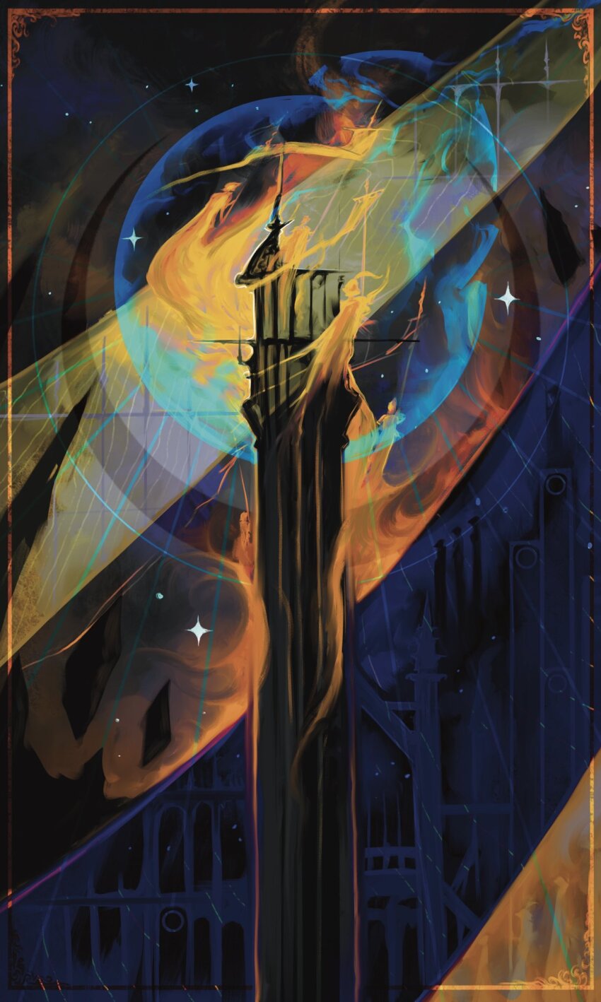 alivewake card_(medium) commentary english_commentary four-pointed_star highres inset_border no_humans original star_(symbol) tarot tarot_(medium) the_tower_(tarot) tower