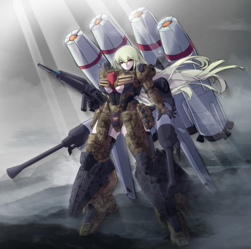 1girl absurdres armor autocannon banshee_(last_origin) beam_rifle breasts camouflage cannon catastrophe_(catastroph13797) closed_mouth clothing_cutout crossover energy_gun green_hair groin groin_tendon gun gundam gundam_battle_operation_2 gundam_unicorn hair_between_eyes highres holding holding_gun holding_weapon huge_breasts last_origin light_rays long_hair looking_at_viewer mecha_musume missile mountain overcast power_armor prototype_stark_jegan red_eyes science_fiction sky solo thighs thrusters underboob underboob_cutout vernier_thrusters weapon