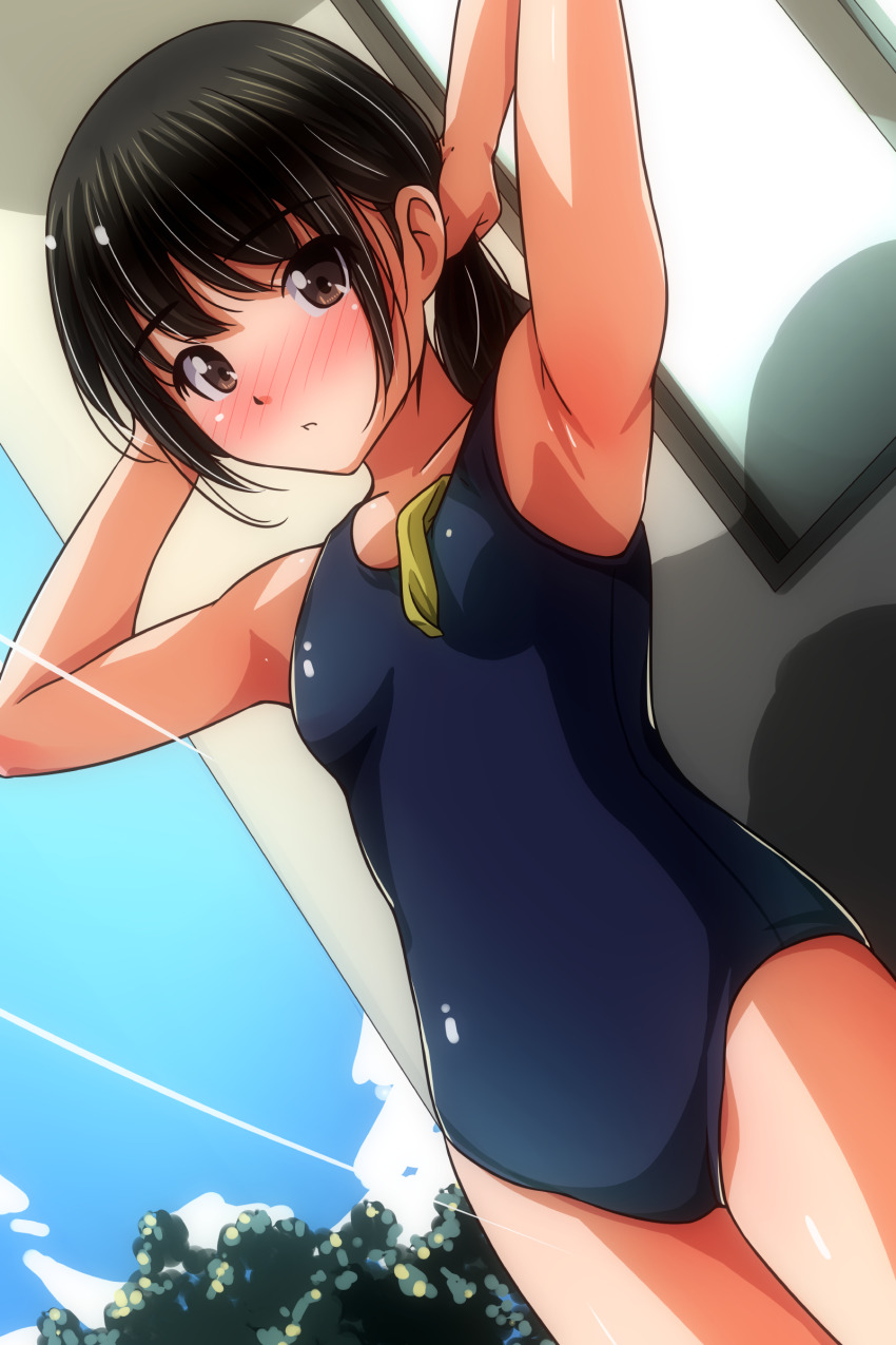 1girl absurdres adjusting_hair armpits arms_behind_head black_hair black_one-piece_swimsuit blush breasts brown_eyes collarbone cowboy_shot day dot_nose dutch_angle highres light_rays looking_at_viewer matsunaga_kouyou new_school_swimsuit nose_blush one-piece_swimsuit open_mouth original outdoors presenting_armpit school_swimsuit short_hair sidelocks small_breasts solo standing swimsuit unworn_swim_cap