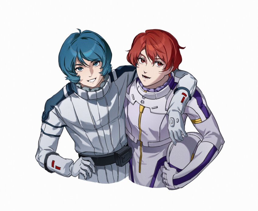 2boys :d ahoge arm_around_shoulder belt belt_pouch black_belt blue_eyes blue_hair bodysuit chinese_commentary commentary_request cropped_torso double-parted_bangs erhuazi917 flipped_sidelocks gloves grin gundam gundam_hathaway&#039;s_flash hair_between_eyes hand_on_own_hip helmet highres holding holding_helmet kamille_bidan lane_aim long_sleeves looking_at_viewer looking_to_the_side male_focus mecha_pilot_suit multiple_boys normal_suit_(gundam) open_mouth pilot_helmet pouch red_eyes red_hair science_fiction short_hair sidelocks simple_background smile spacesuit teeth unworn_headwear unworn_helmet upper_body white_background white_bodysuit white_gloves zeta_gundam