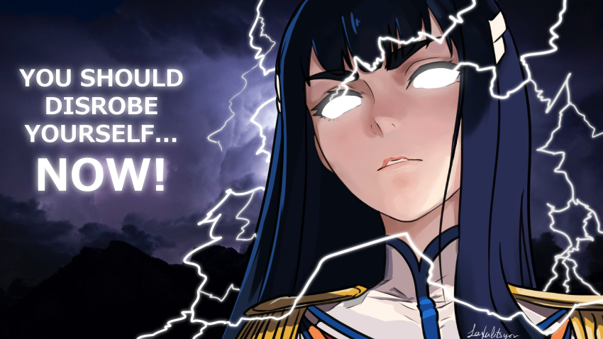 1girl absurdres black_hair blank_eyes english_text epaulettes hair_flowing_over hair_ornament highres jacket junketsu kill_la_kill kiryuuin_satsuki laylaletsyou lightning long_hair meme parted_lips purple_sky sky solo thick_eyebrows upper_body white_jacket you_should_kill_yourself_now_(meme)