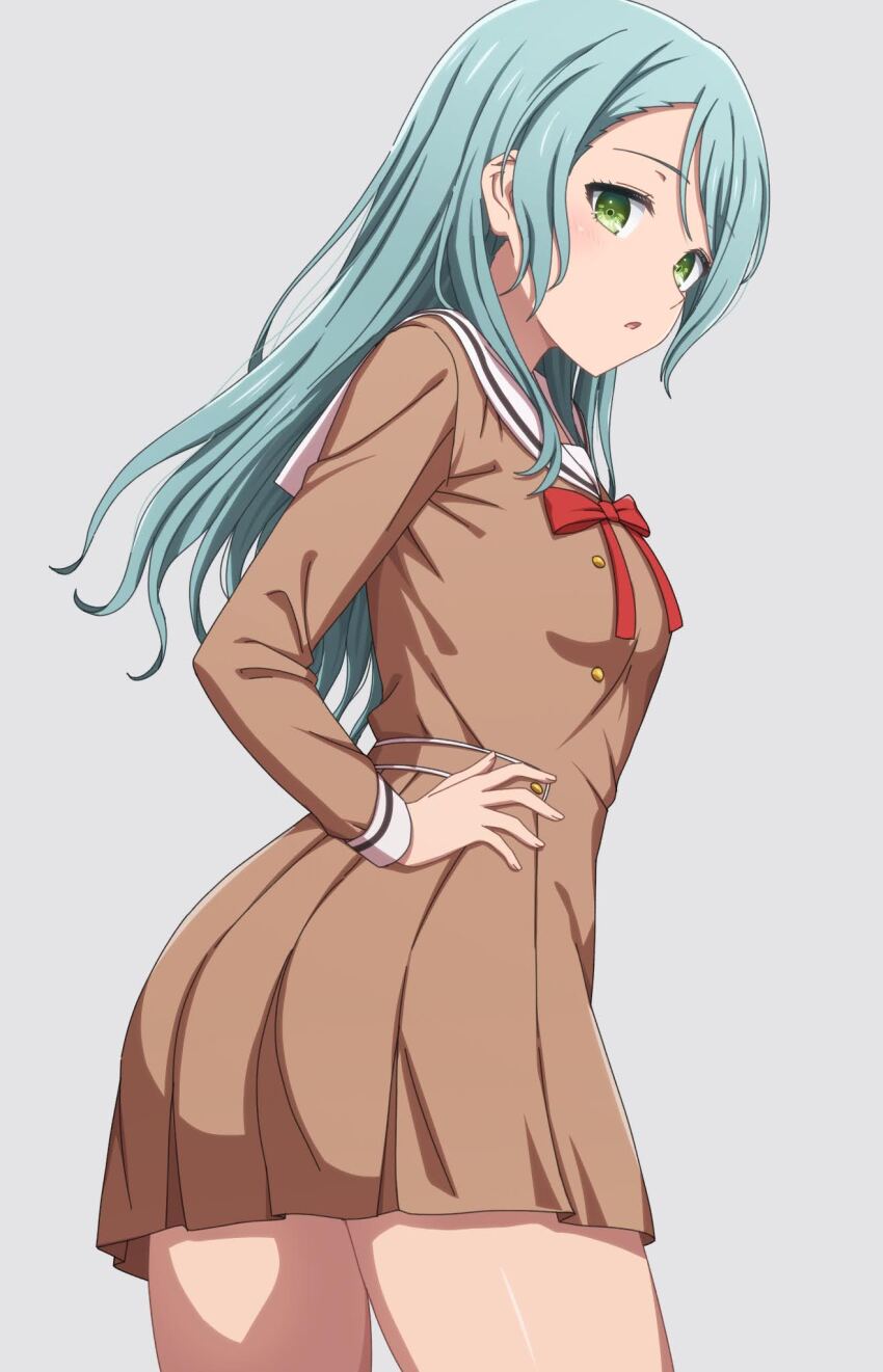 1girl aqua_hair bang_dream! brown_dress commentary dress green_eyes grey_background hanasakigawa_school_uniform hand_on_own_hip highres hikawa_sayo long_hair long_sleeves looking_at_viewer neck_ribbon noshimurin open_mouth red_ribbon ribbon sailor_collar sailor_dress school_uniform simple_background solo white_sailor_collar