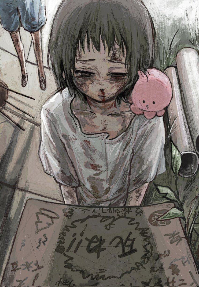 1girl black_hair blood bruise bullying carbolic20 desk highres injury kuze_shizuka nosebleed octopus school_desk short_hair takopii_no_genzai