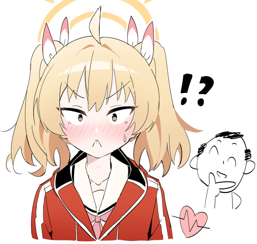 !? &gt;:( 1boy 1girl ahoge blonde_hair blue_archive blush brown_eyes closed_mouth commentary doodle_sensei_(blue_archive) hair_between_eyes hair_intakes hair_ribbon halo heart heartbeat highres jacket lcz long_hair looking_at_viewer neckerchief nose_blush pink_neckerchief red_jacket ribbon sailor_collar school_uniform sensei_(blue_archive) serafuku simple_background split_mouth surprised sweatdrop track_jacket tsurime twintails upper_body v-shaped_eyebrows white_background white_ribbon white_sailor_collar wide-eyed yellow_halo yoshimi_(blue_archive)