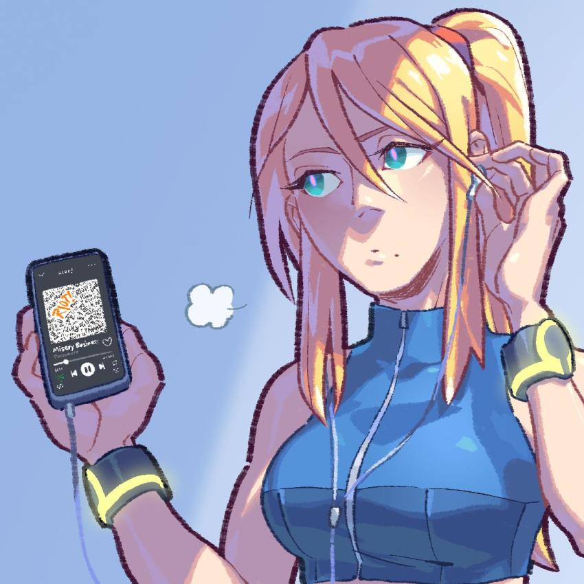 blonde_hair blue_background cellphone earphones green_eyes highres long_hair looking_up metroid mole mole_under_mouth nintendo paramore phone pink_pupils pockypalooza ponytail samus_aran sidelocks simple_background smartphone solo super_smash_bros. upper_body zero_suit