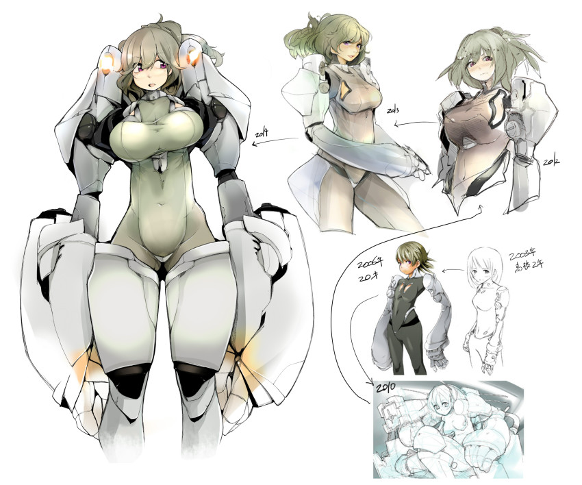 1girl ass bad_id bad_pixiv_id bodysuit brown_hair covered_navel gauntlets green_hair highres multiple_views original purple_eyes short_hair sketch smile topo_(bacchustab) topo_bevitore