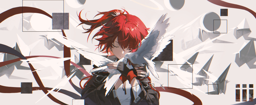 1girl absurdres arknights bird bird_on_hand black_gloves chromatic_aberration closed_eyes closed_mouth commentary_request exusiai_(arknights) exusiai_the_new_covenant_(arknights) facing_viewer fingerless_gloves gloves halo highres kaliliyu17524 one_side_up origami paper_crane red_hair solo upper_body white_bird
