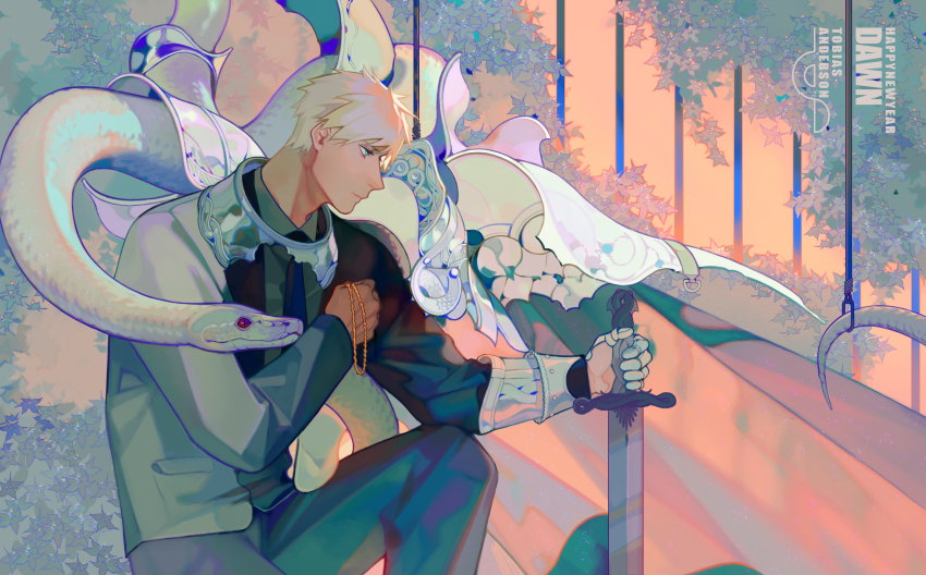 1boy absurdres armor blue_eyes happy_new_year highres holding holding_jewelry holding_necklace holding_sword holding_weapon jewelry knee_up leaf male_focus necklace new_year original plant profile short_hair snake solo sword weapon white_hair white_snake xiaoquandianer