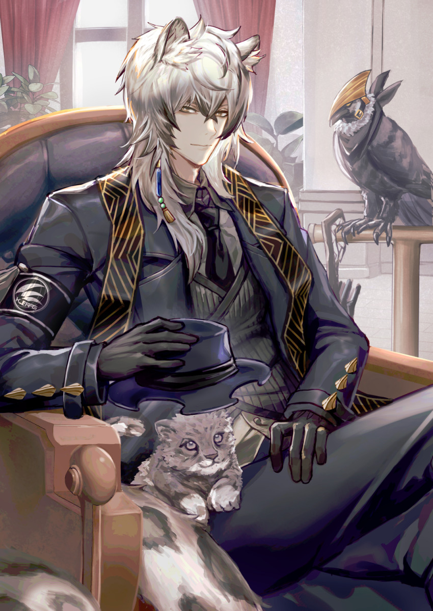 1boy animal_ears arknights bird black_gloves black_necktie black_pants brown_eyes closed_mouth collared_shirt commentary_request gloves grey_hair grey_shirt hair_between_eyes hat highres holding holding_unworn_clothes holding_unworn_hat indoors leopard_boy leopard_ears long_hair long_sleeves male_focus necktie official_alternate_costume pants shirt silverash_(arknights) silverash_(york&#039;s_bise)_(arknights) sitting snow_leopard snow_leopard_boy snow_leopard_ears solo tenzin_(arknights) tsugu0302 unworn_hat unworn_headwear