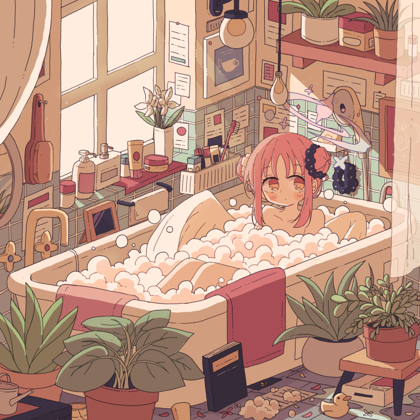 1girl akashia_(akasia313) bar_soap bath bathing bathtub blue_archive blue_halo blush book claw_foot_bathtub commentary_request double_bun faucet feathered_wings flower gradient_halo hair_brush hair_bun hair_ornament hair_scrunchie halo highres light_bulb looking_to_the_side makeup mika_(blue_archive) mirror multicolored_halo pink_hair pink_halo plant potted_plant raised_eyebrows rubber_duck scrunchie shower_head soap_bottle soap_bubbles soap_dispenser solo tea_party_(blue_archive) toothbrush towel white_flower window wings yellow_eyes