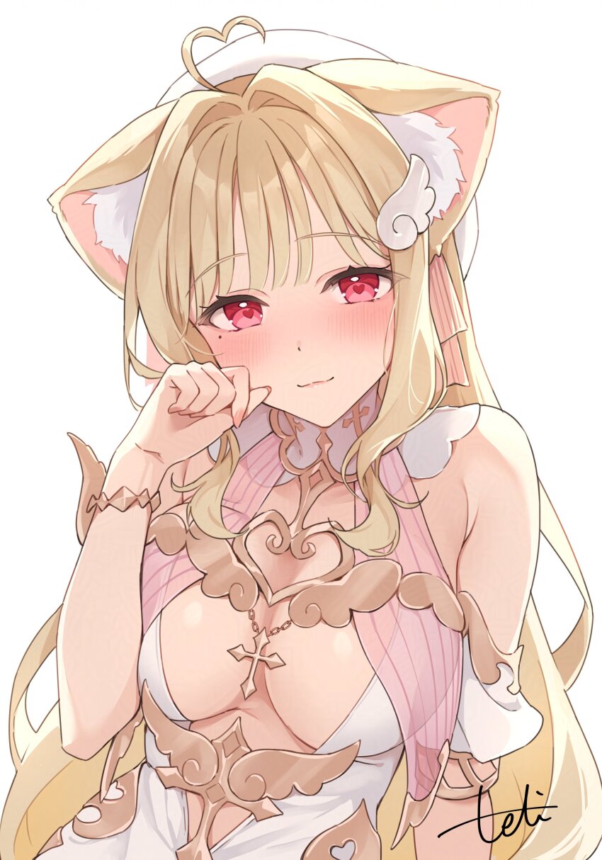 1girl absurdres ahoge animal_ear_fluff animal_ears armpit_crease bare_shoulders blonde_hair blush bracelet breasts cat_ears cat_girl closed_mouth commentary cross_ornament detached_collar dress hair_intakes hair_ornament hand_up hat heart heart-shaped_pupils heart_ahoge highres jewelry kemomimi_refle! long_hair looking_at_viewer medium_breasts mole mole_under_eye nekoma_karin pink_nails red_eyes signature simple_background sleeveless sleeveless_dress smile solo symbol-shaped_pupils teti upper_body very_long_hair virtual_youtuber white_background white_dress white_hat wing_hair_ornament