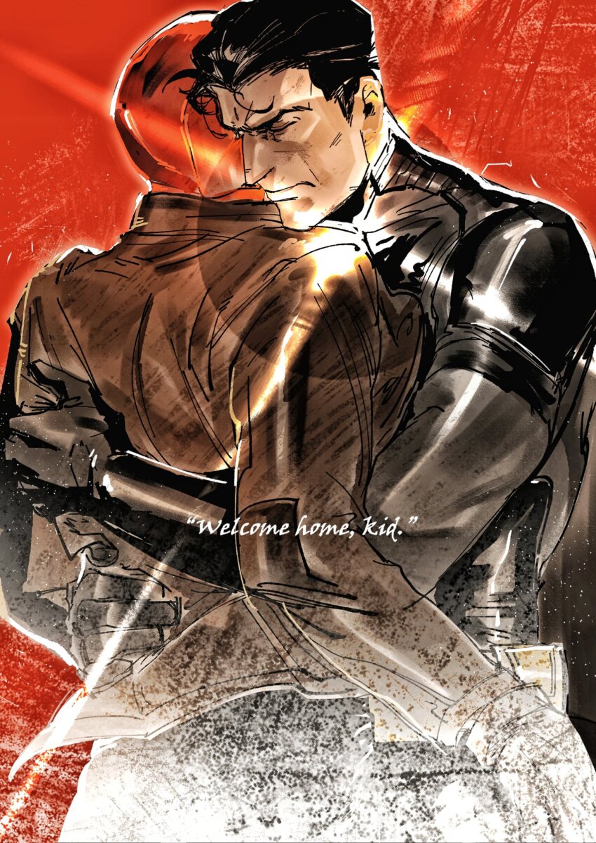 batman batman_(series) black_bodysuit black_gloves black_hair bodysuit brown_jacket bruce_wayne dc_comics gloves grey_bodysuit guoba7777 highres jacket jason_todd male_focus mask multiple_boys muscular muscular_male open_clothes pants red_hood_(dc) red_hood_and_the_outlaws red_mask short_hair superhero_costume taut_bodysuit two-tone_bodysuit
