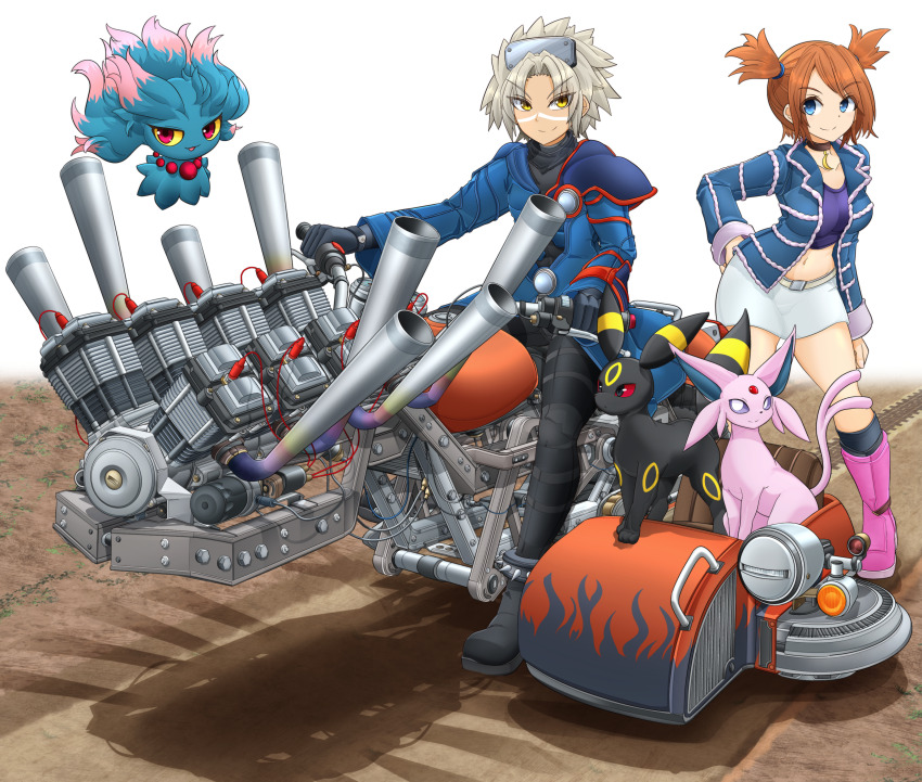 1boy 1girl absurdres armor black_choker black_footwear black_gloves black_pants black_socks blue_eyes blue_jacket blue_shirt boots brown_hair choker commentary_request crescent_choker cropped_shirt espeon facial_mark gen_2_pokemon gloves grey_hair hair_tie headgear highres hover_bike jacket leaning_forward long_sleeves midriff mikeran_(mikelan) miniskirt misdreavus nintendo open_clothes open_jacket pants partial_commentary pauldrons pink_boots pokemon pokemon_colosseum riding rui_(pokemon) shadow shirt short_twintails shoulder_armor single_pauldron skirt socks spiked_footwear spiked_hair swept_bangs tan twintails umbreon wes_(pokemon) white_background white_skirt yellow_eyes